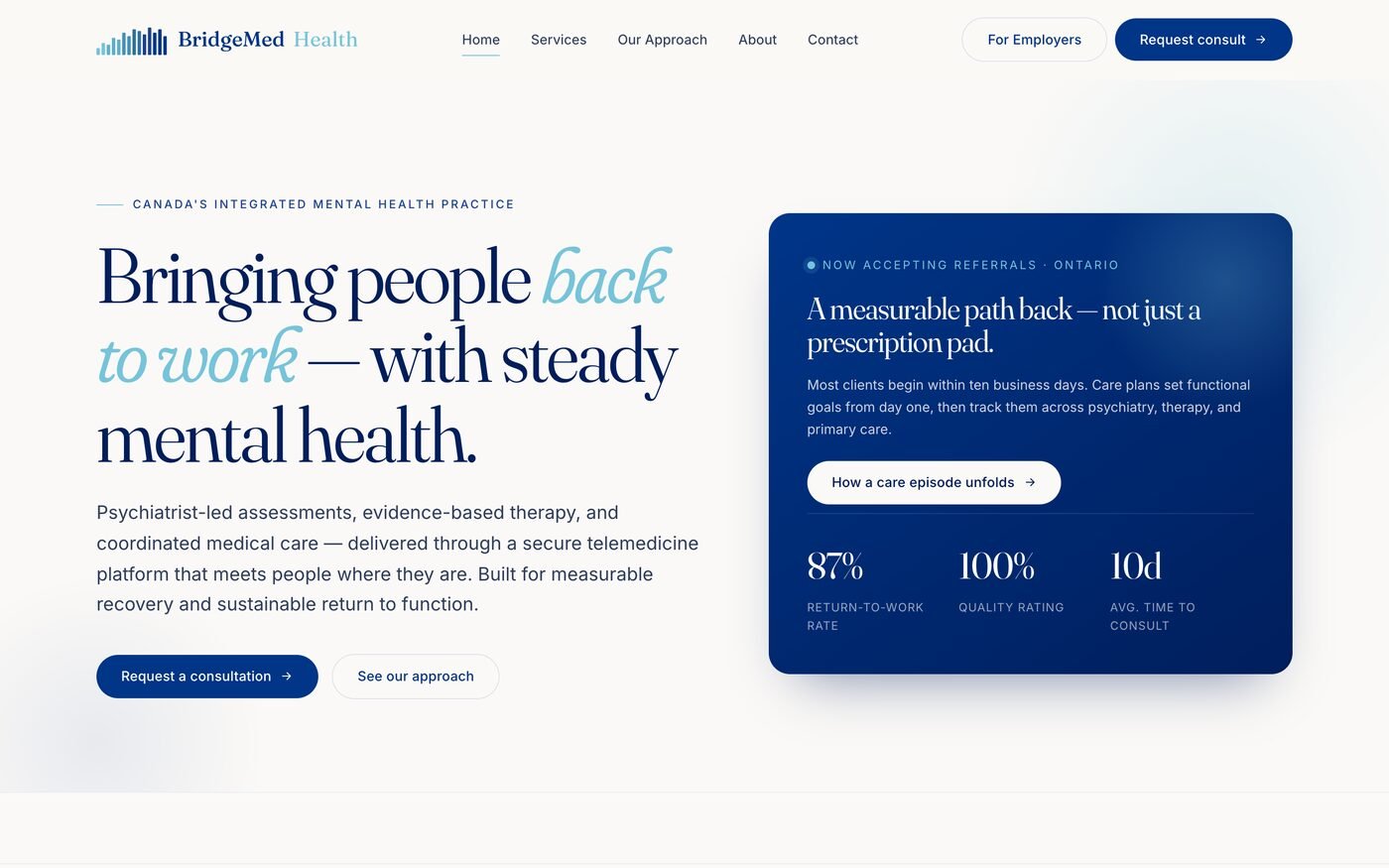 BridgeMed Health — mental health clinic website homepage