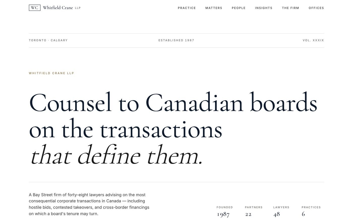Whitfield Crane LLP — corporate law firm website homepage
